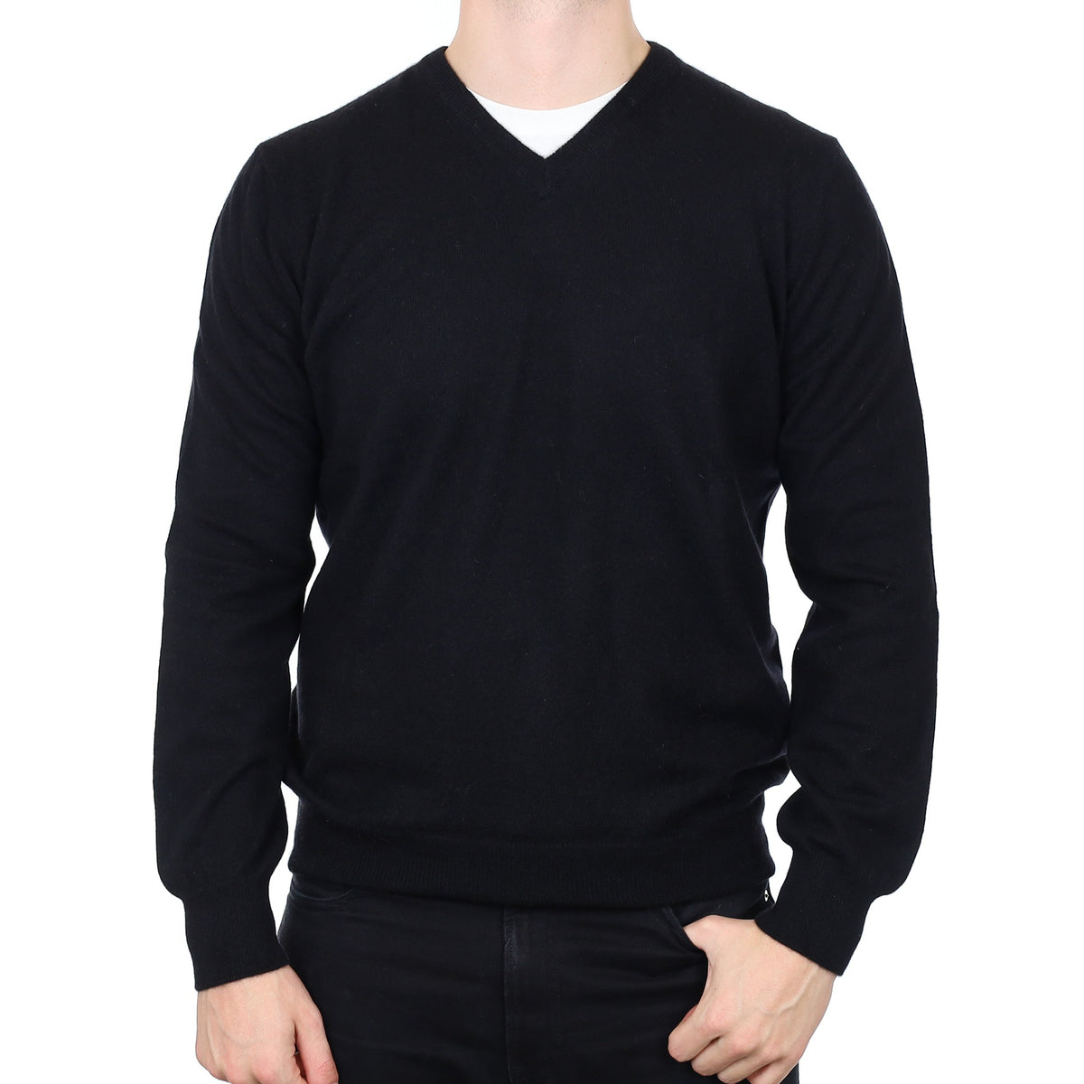 Men's Black Cashmere V Neck Jumper XL