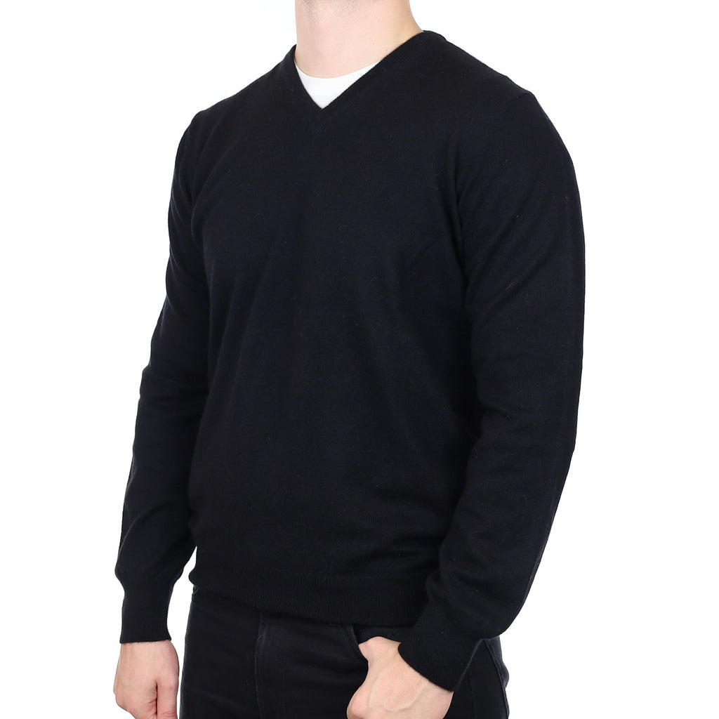 Men's Black Cashmere V Neck Jumper XL