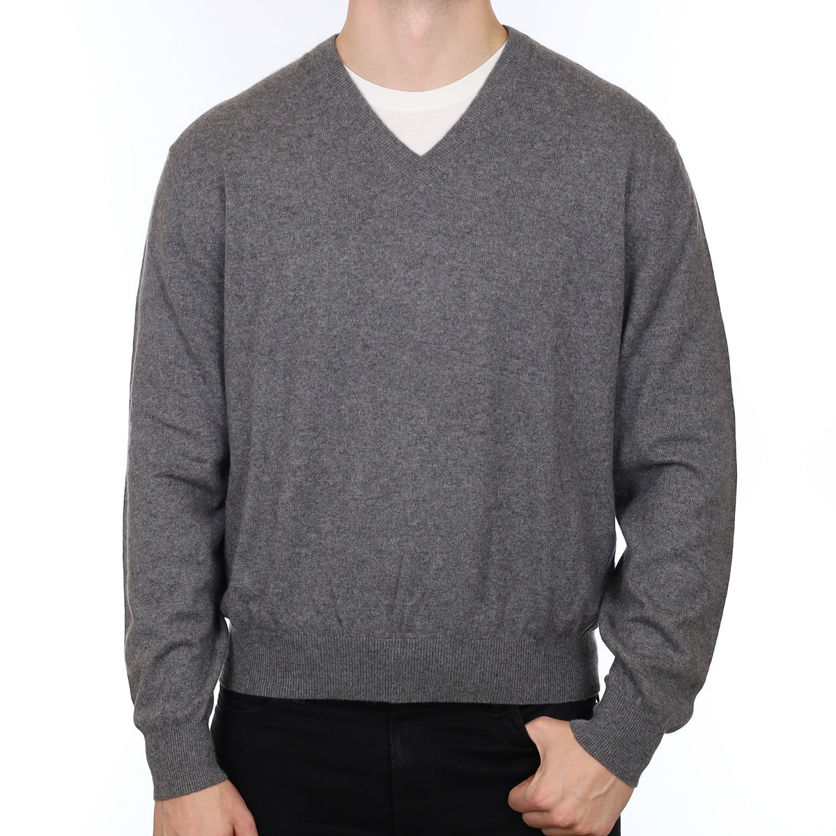 Men's Ash Grey Cashmere V Neck Jumper XL