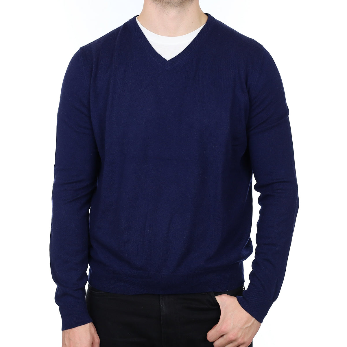 Men's Italian Canali Navy Cashmere V Neck Jumper XXL