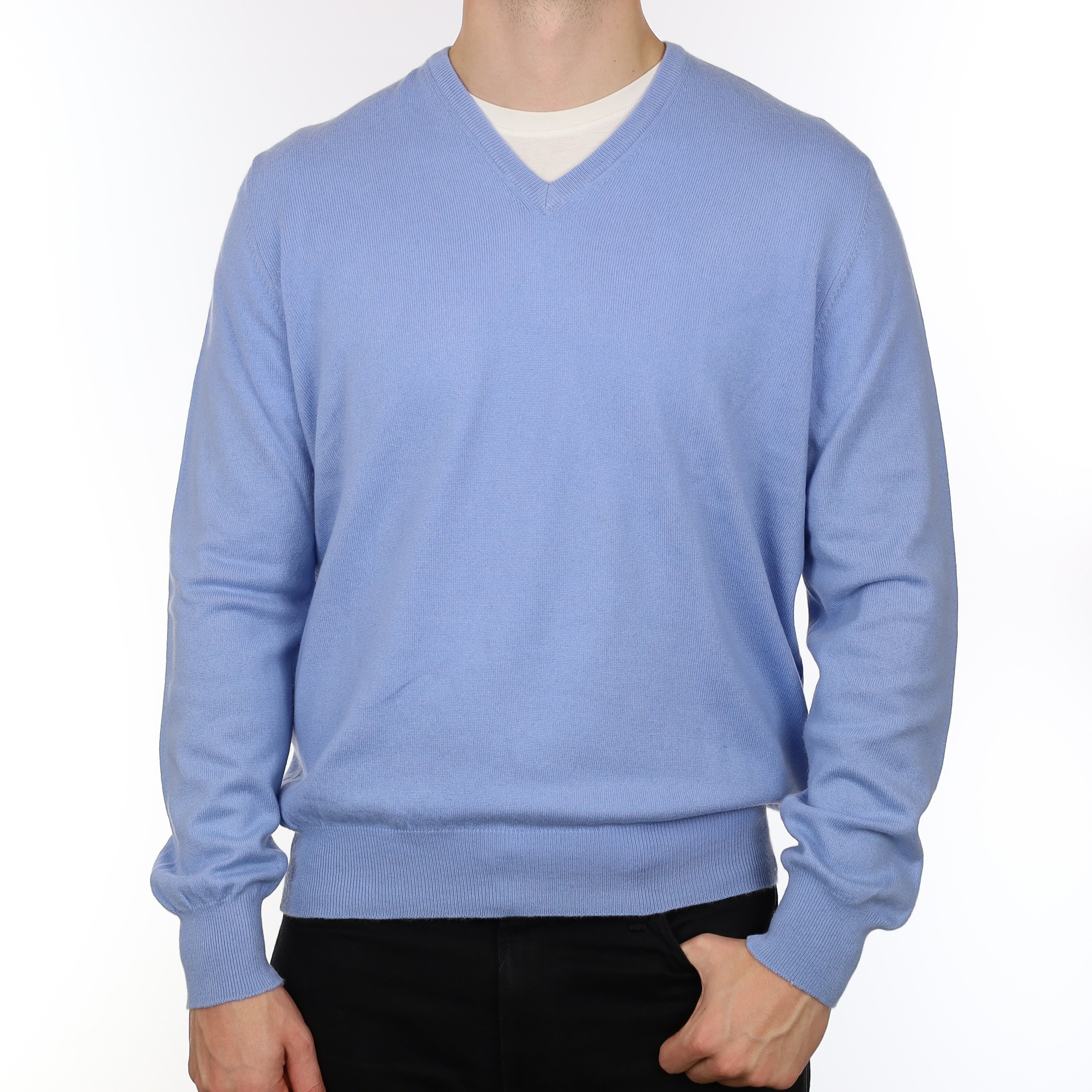 Men's Italian Gran Sasso Baby Blue Cashmere V Neck Jumper XXL
