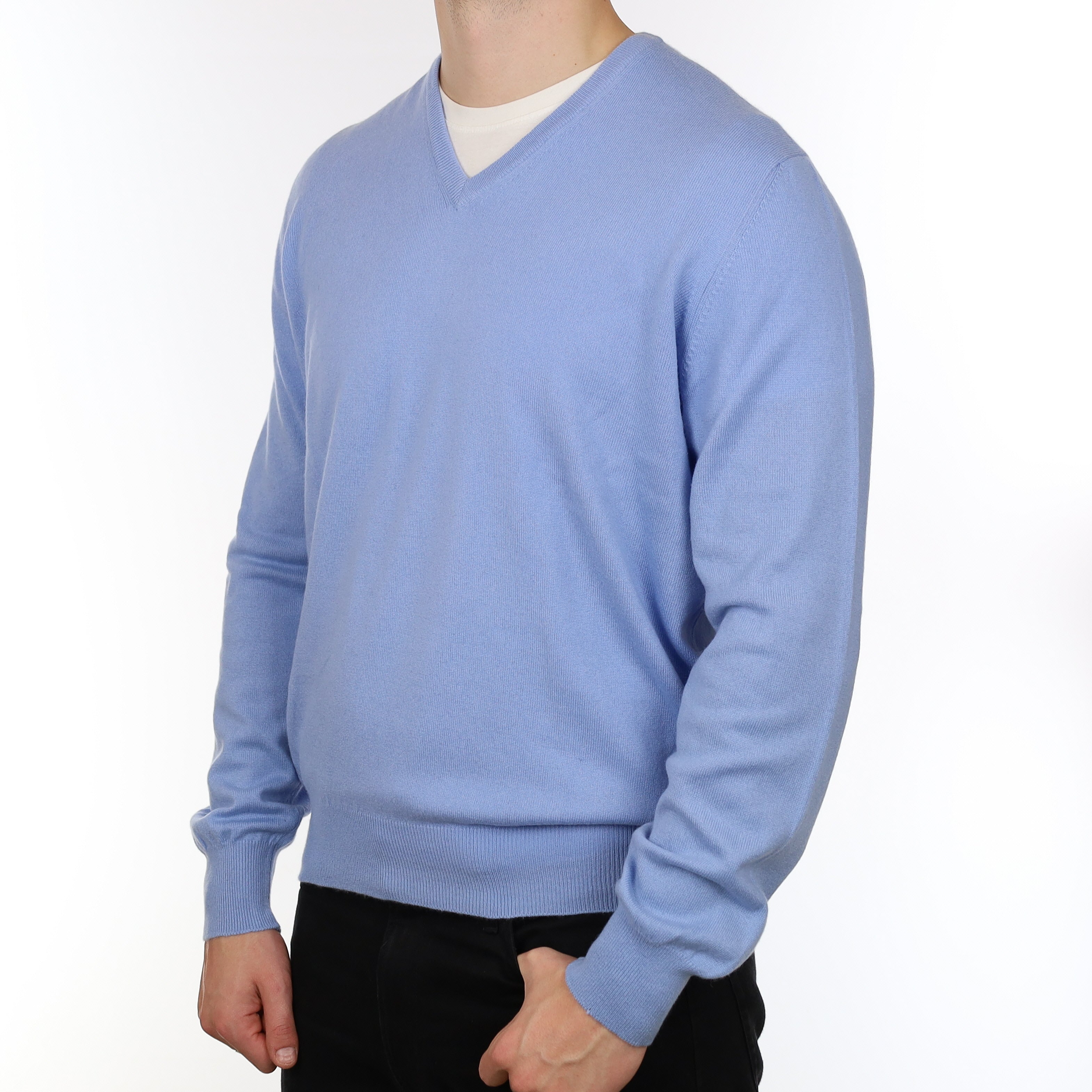 Men's Italian Gran Sasso Baby Blue Cashmere V Neck Jumper XXL