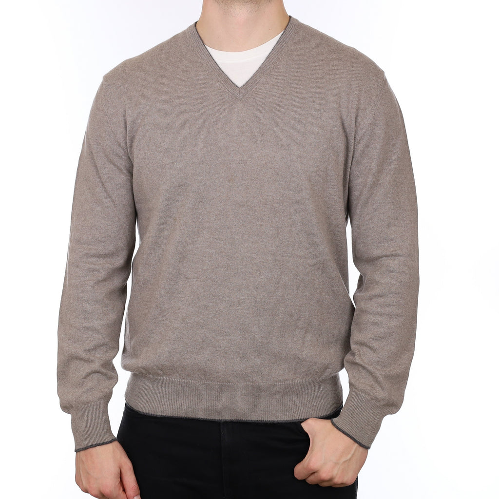 Men's Allude Mink Brown Cashmere V Neck Jumper XL