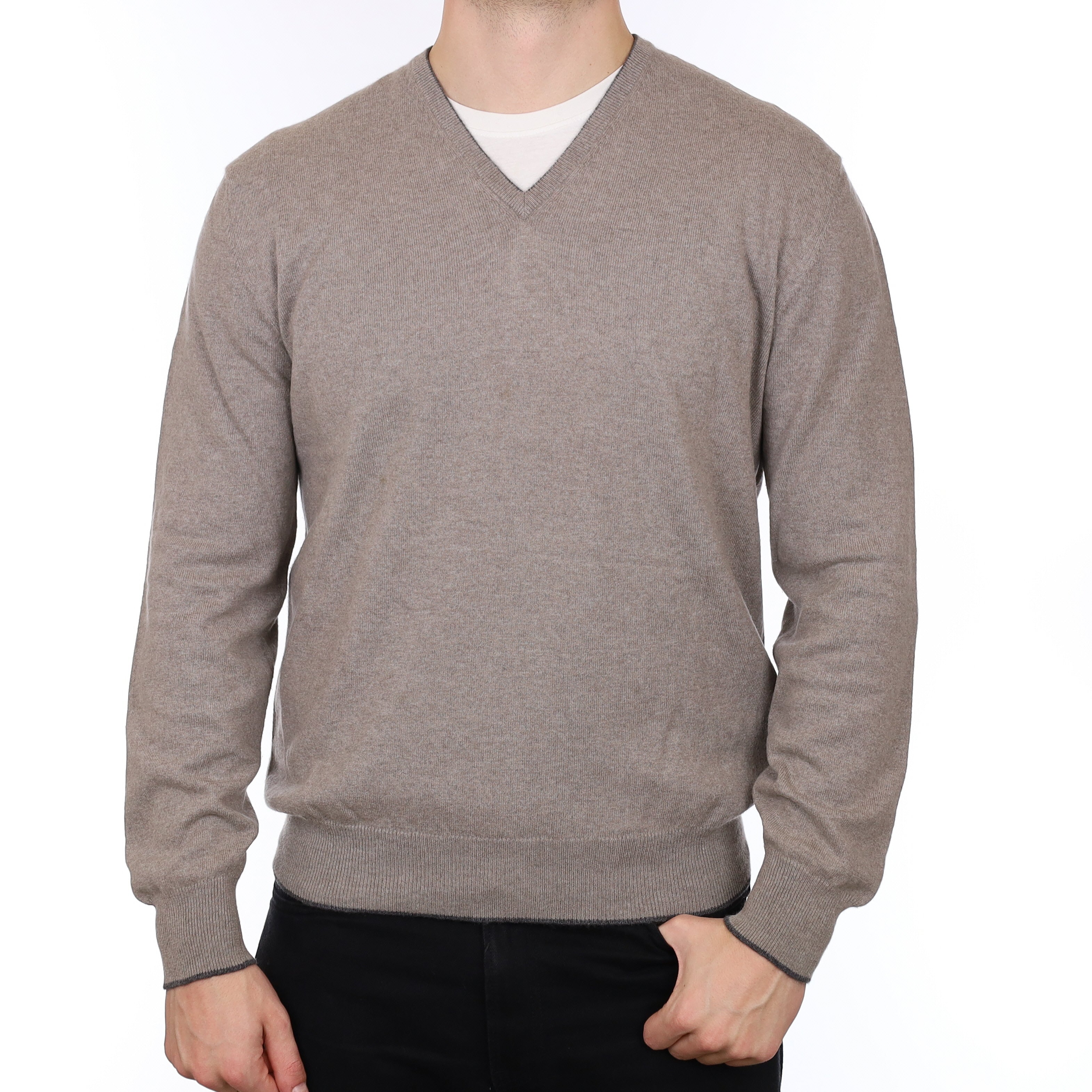 Men's Allude Mink Brown Cashmere V Neck Jumper XL