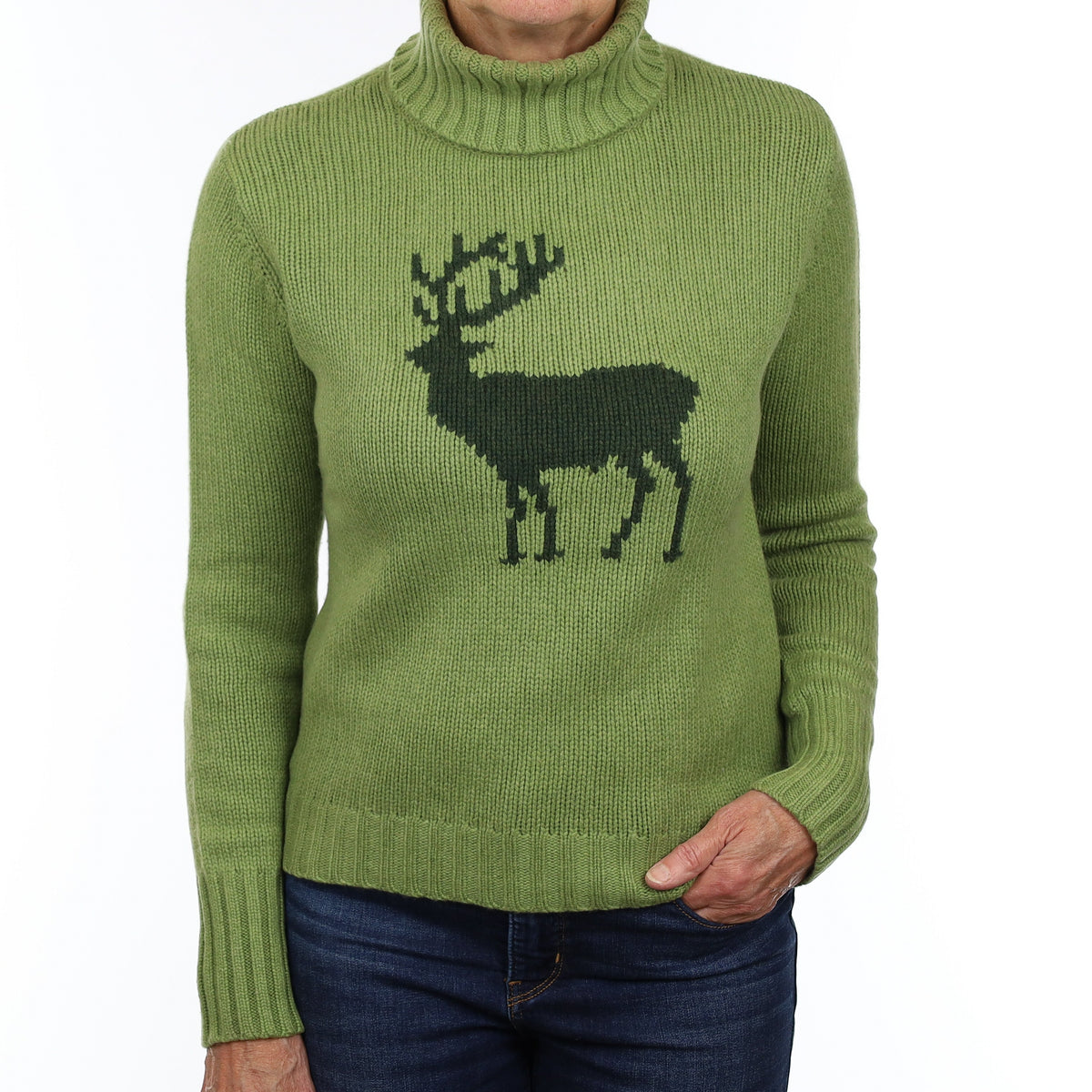 Pierre Claire Green Deer Motif Chunky Cashmere Polo Neck Jumper Medium