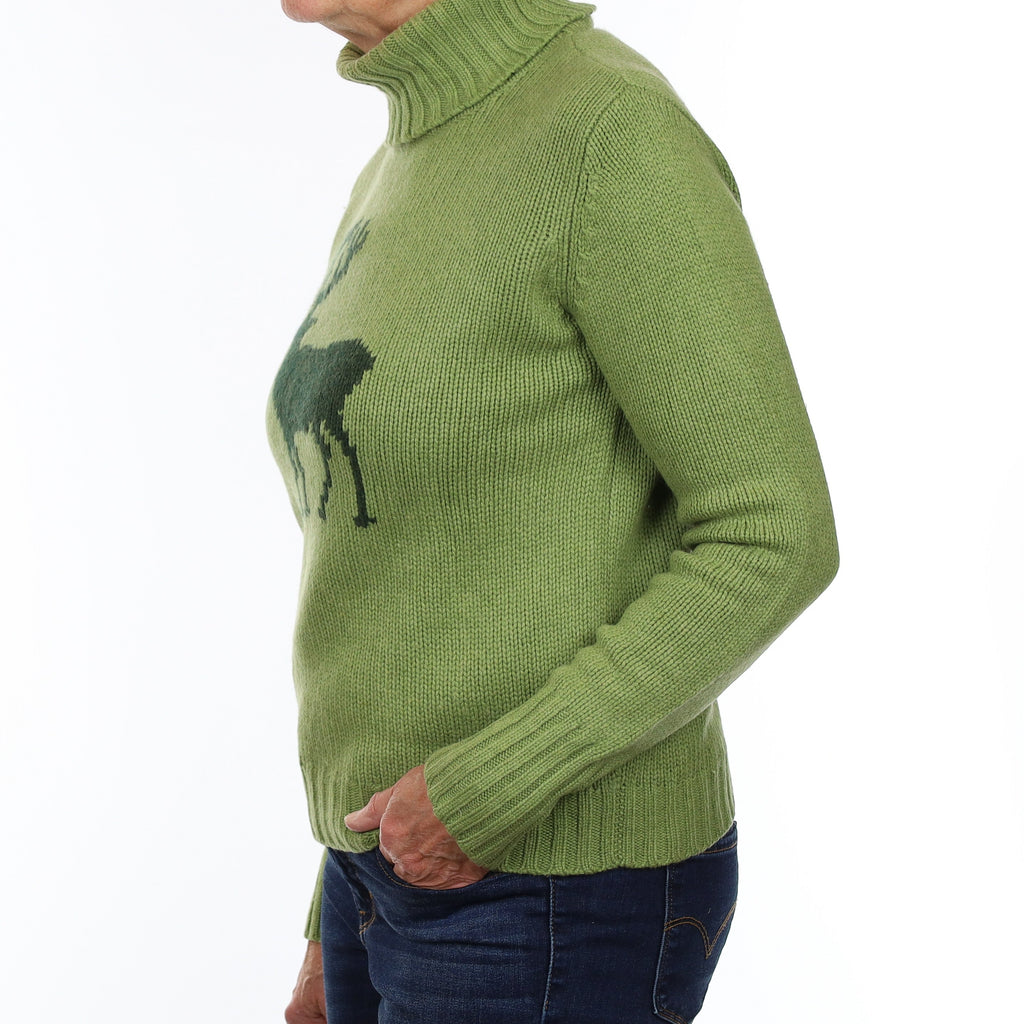 Pierre Claire Green Deer Motif Chunky Cashmere Polo Neck Jumper Medium