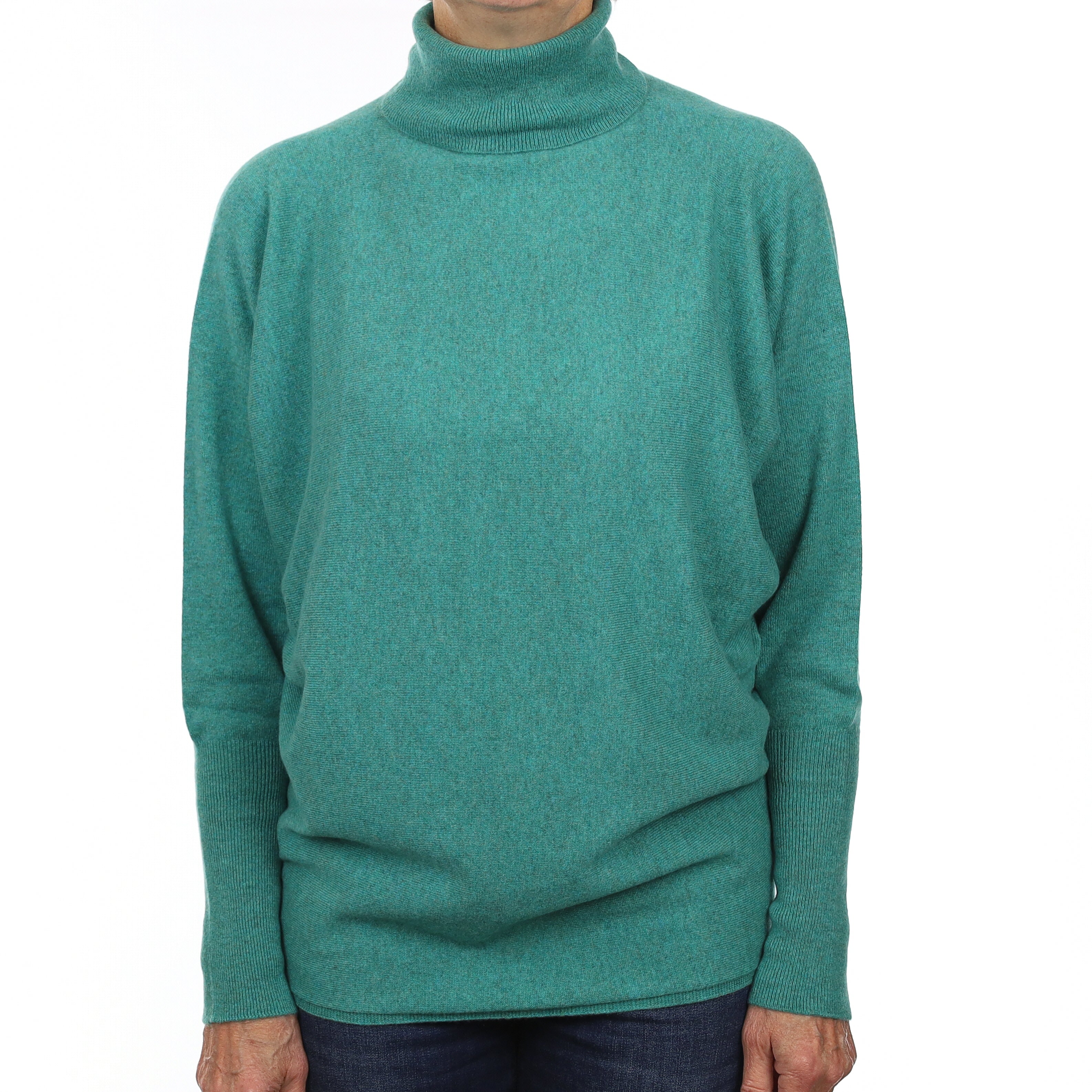 Brand New Scottish Turquoise Green Cashmere Batwing Polo Neck Jumper Medium