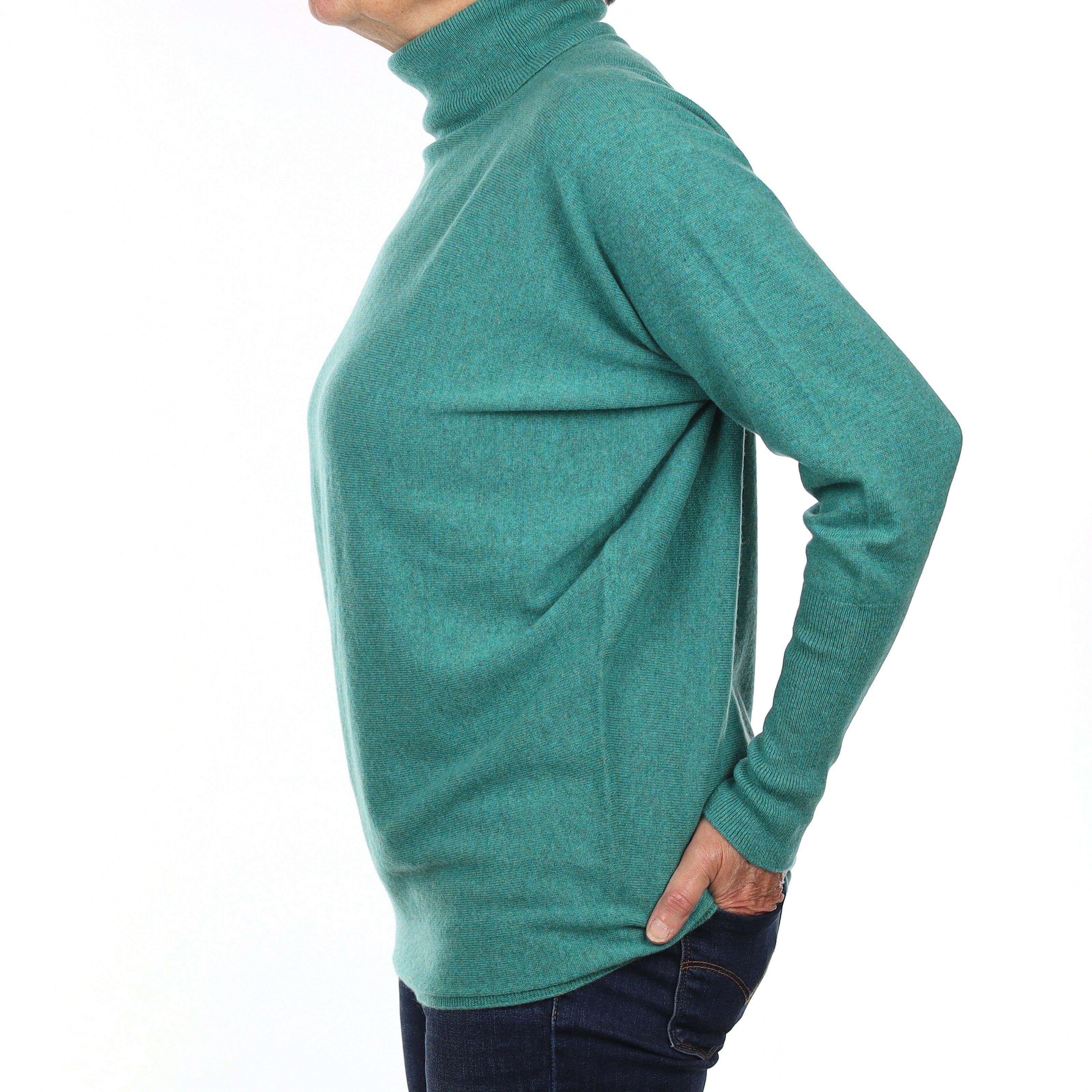 Brand New Scottish Turquoise Green Cashmere Batwing Polo Neck Jumper Medium