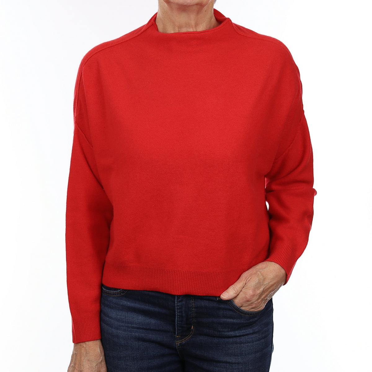 Vermillion Red Cashmere Slouchy Cropped Funnel Neck Jumper Medium
