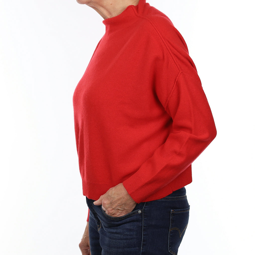 Vermillion Red Cashmere Slouchy Cropped Funnel Neck Jumper Medium
