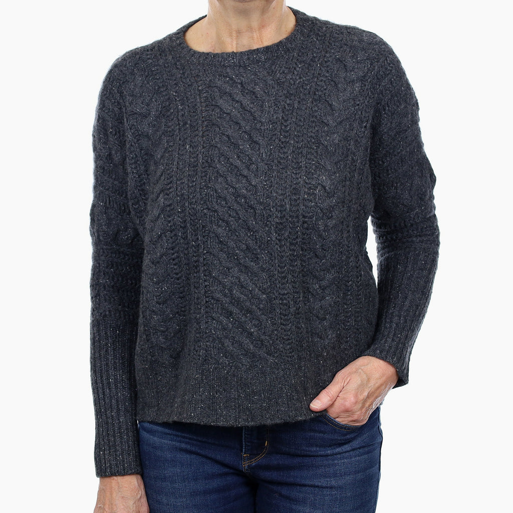 Granite Grey Flecked Cashmere Chunky Cable Crew Neck Jumper Medium