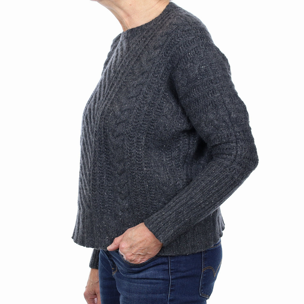 Granite Grey Flecked Cashmere Chunky Cable Crew Neck Jumper Medium