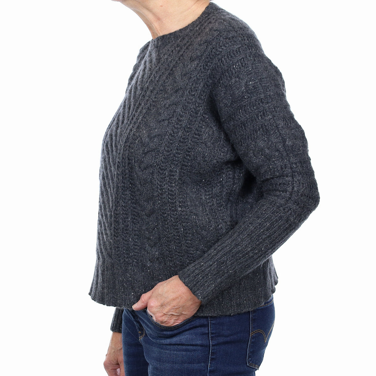Granite Grey Flecked Cashmere Chunky Cable Crew Neck Jumper Medium