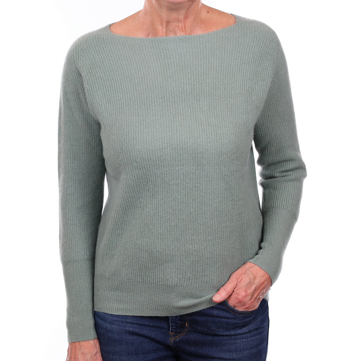 Paul Costelloe Hazy Green Rib Cashmere Boat Neck Jumper Medium