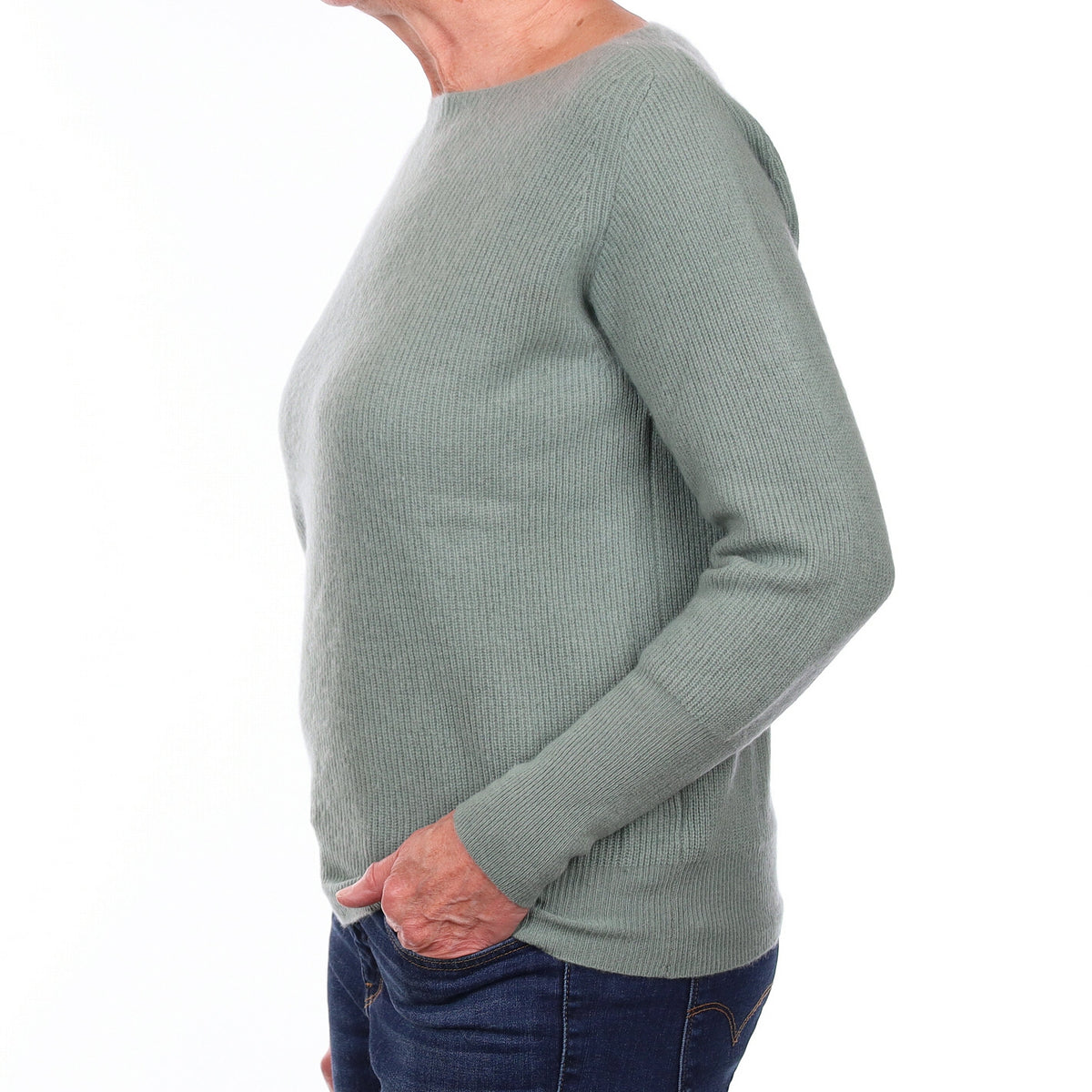 Paul Costelloe Hazy Green Rib Cashmere Boat Neck Jumper Medium