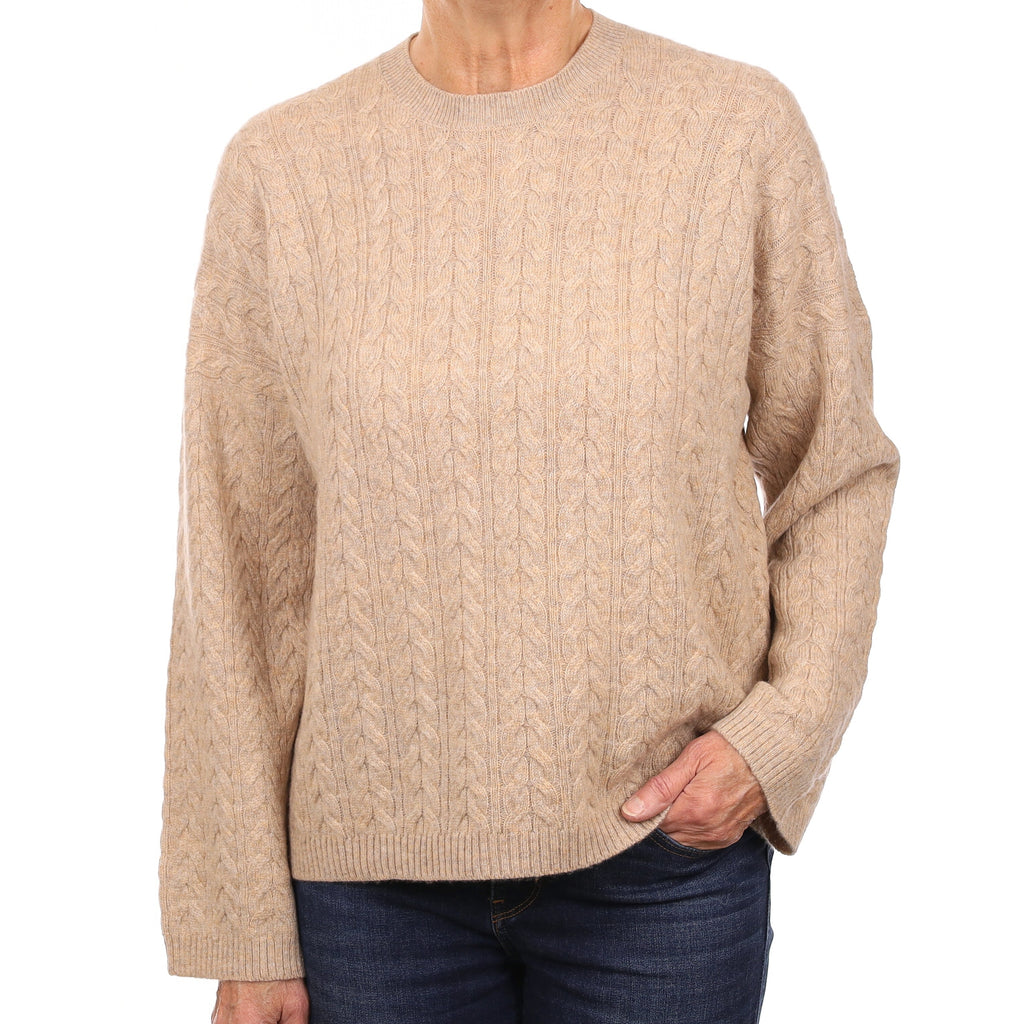 Brand New Scottish Biscuit Brown Cable Cashmere Slouchy Crew Neck Jumper Medium