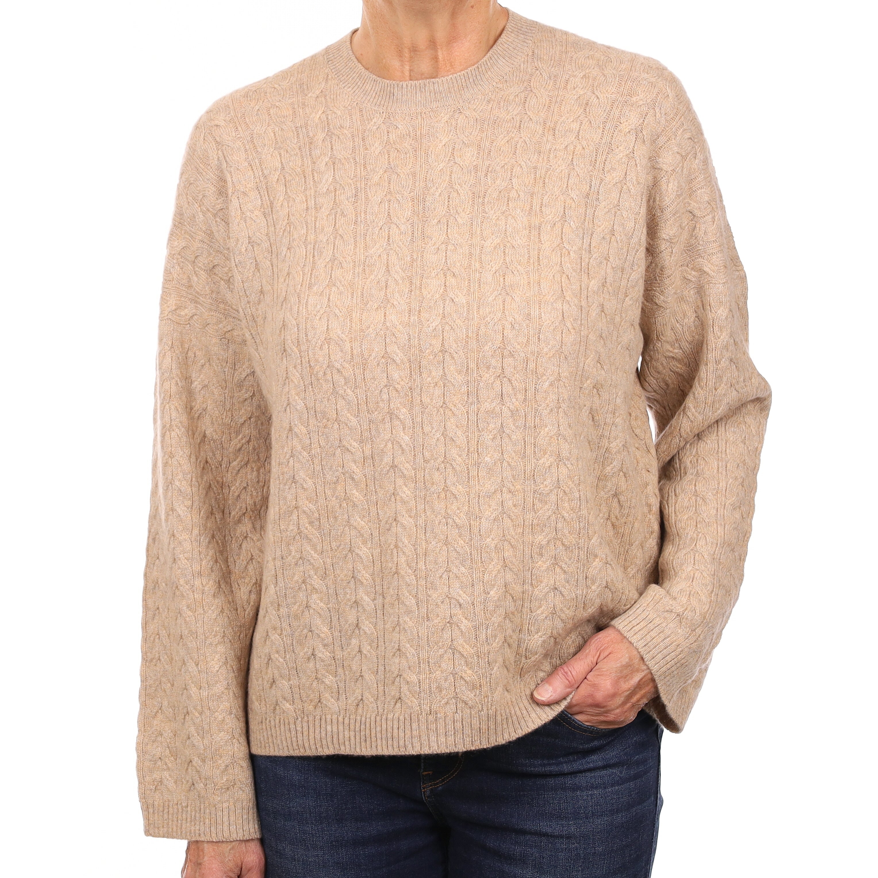 Brand New Scottish Biscuit Brown Cable Cashmere Slouchy Crew Neck Jumper Medium
