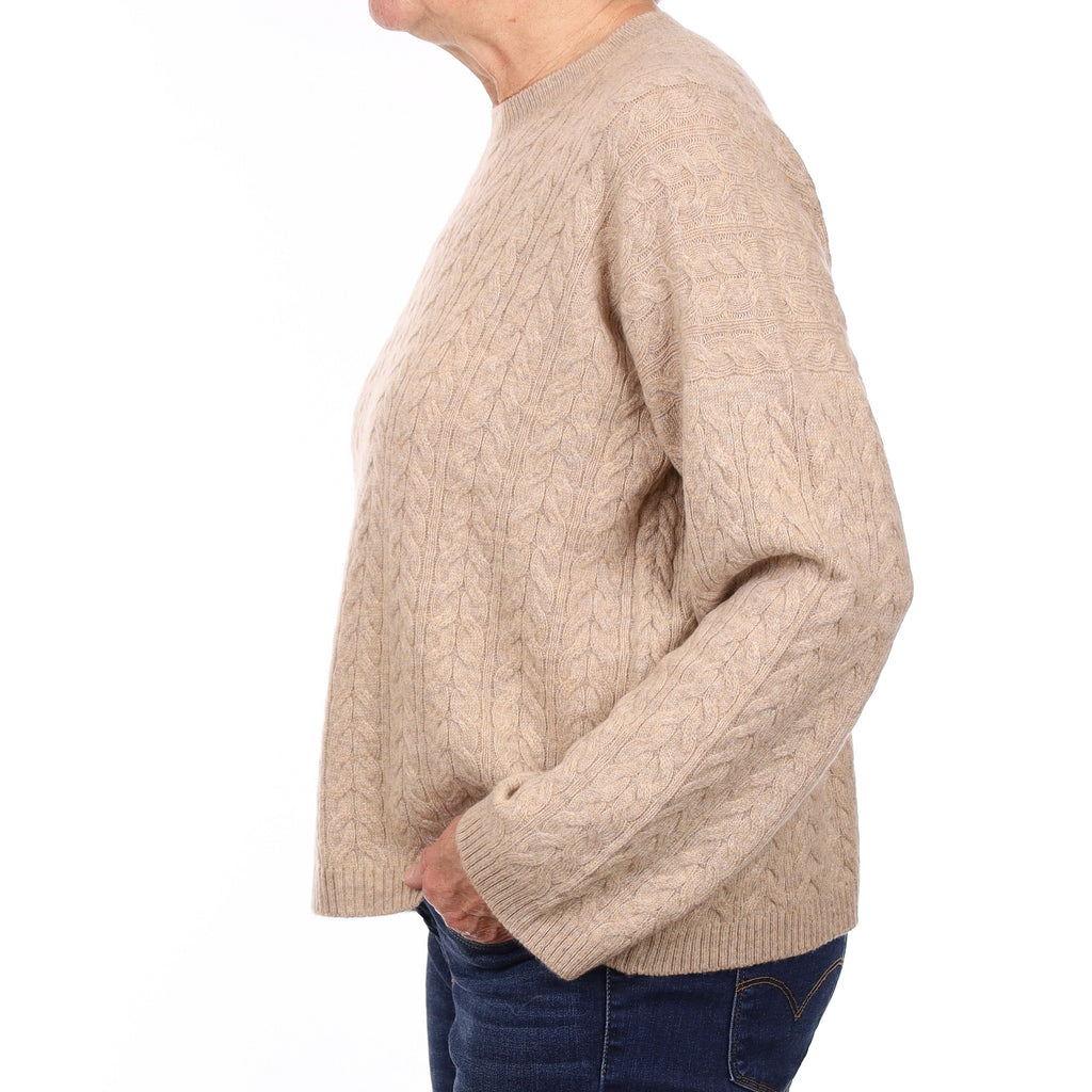 Brand New Scottish Biscuit Brown Cable Cashmere Slouchy Crew Neck Jumper Medium