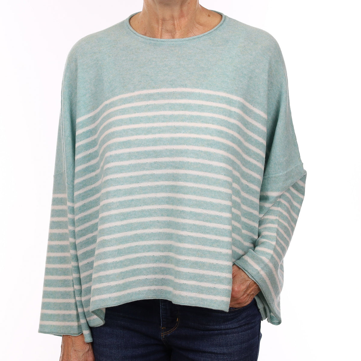 Brand New Scottish Mint Green Striped Cashmere Slouchy Crew Neck Jumper Medium