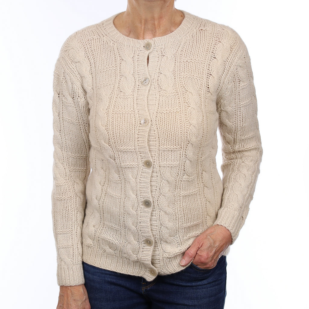 Oatmeal Chunky Cable Cashmere Crew Neck Cardigan Medium