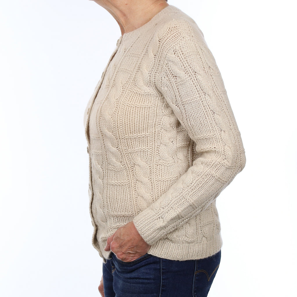 Oatmeal Chunky Cable Cashmere Crew Neck Cardigan Medium