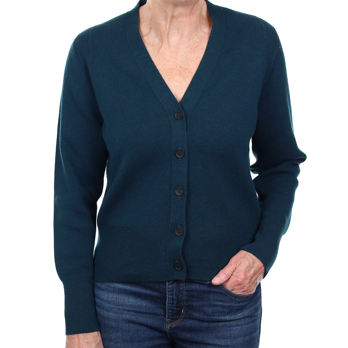 Brand New Scottish Petrol Blue Heavy Knit Cashmere V Neck Cardigan Medium
