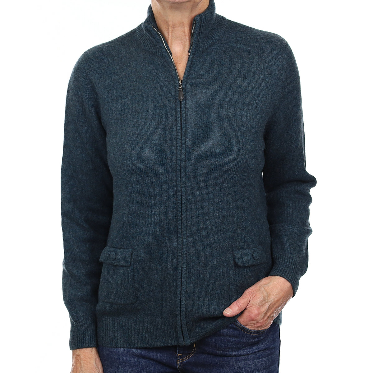 Montagut Ocean Green Chunky Cashmere Zip Up Cardigan Medium