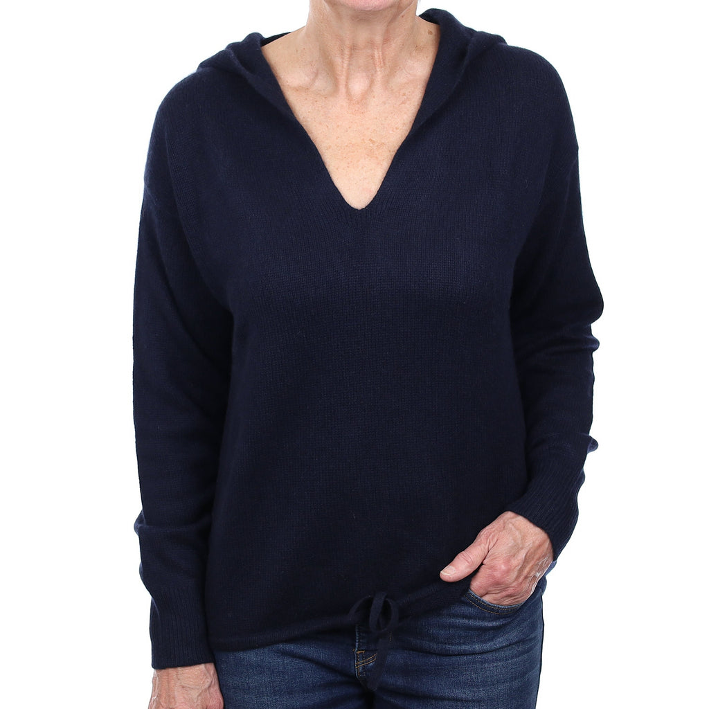 Theory Navy Cashmere V Neck Jumper with Hood Medium