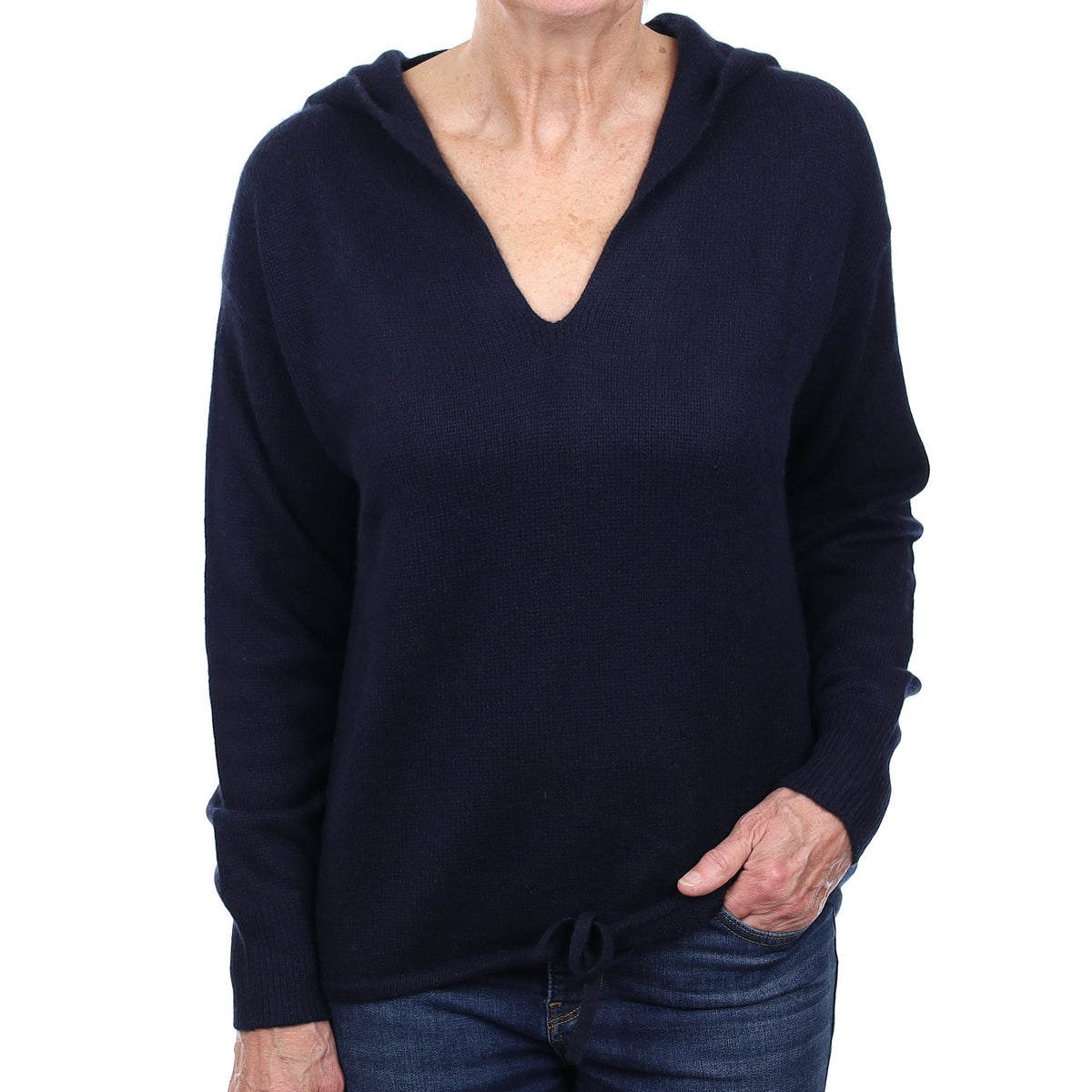Theory Navy Cashmere V Neck Jumper with Hood Medium