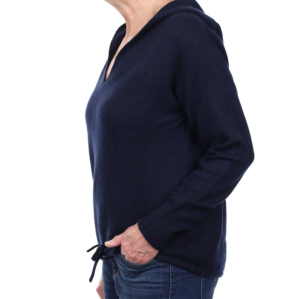 Theory Navy Cashmere V Neck Jumper with Hood Medium
