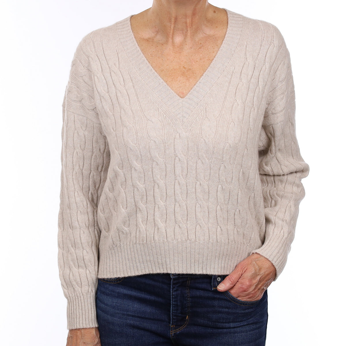 Brand New Scottish Oatmeal Rib Cashmere V Neck Jumper Medium