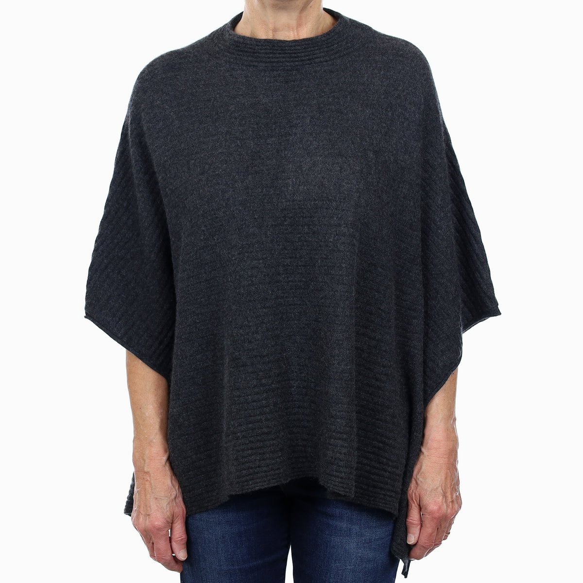 Granite Grey Rib Cashmere Funnel Neck Poncho One Size