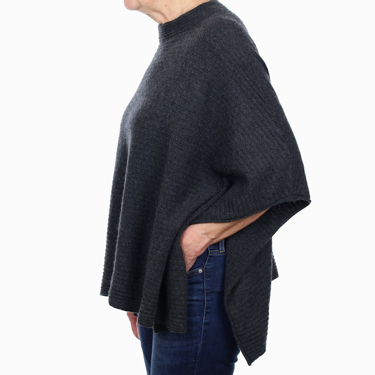 Granite Grey Rib Cashmere Funnel Neck Poncho One Size
