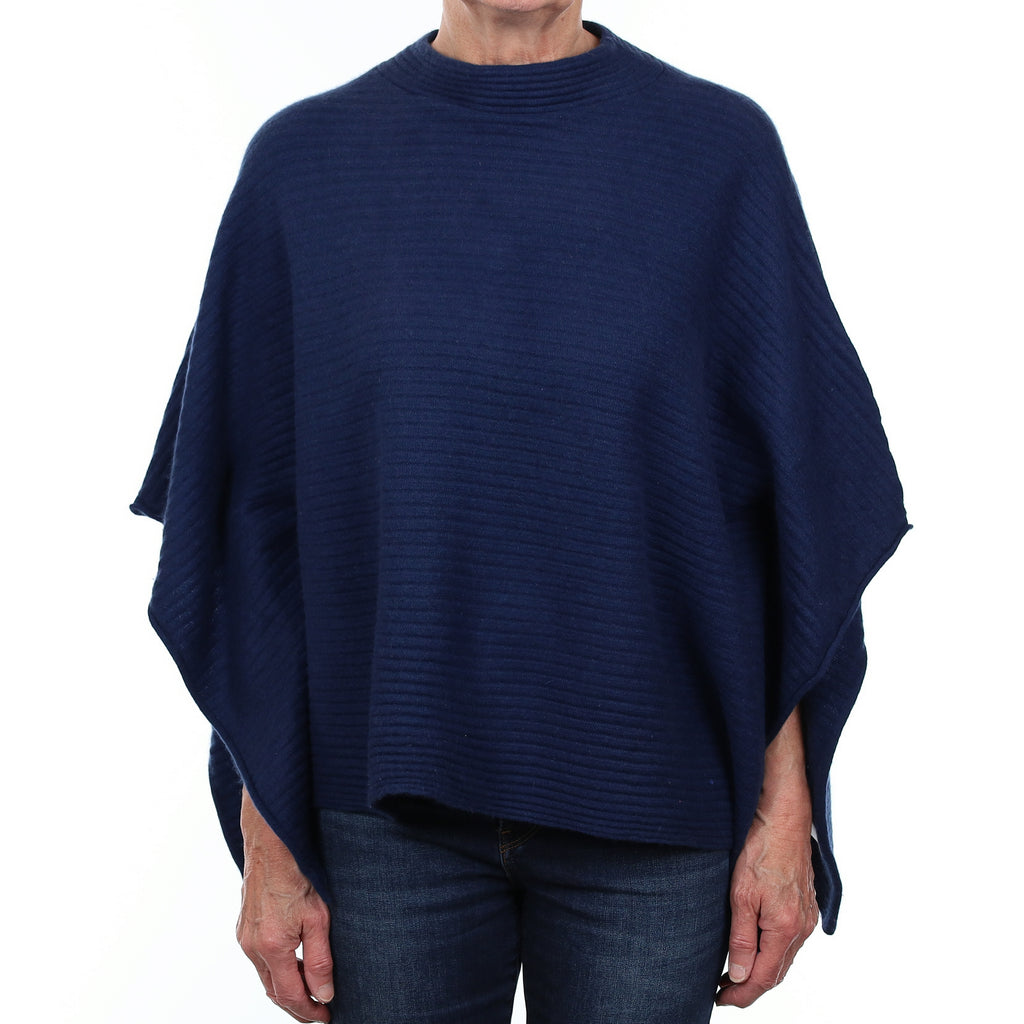 French Navy Rib Cashmere Funnel Neck Poncho One Size