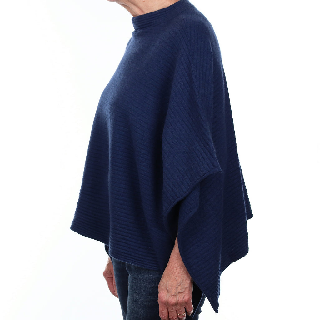 French Navy Rib Cashmere Funnel Neck Poncho One Size