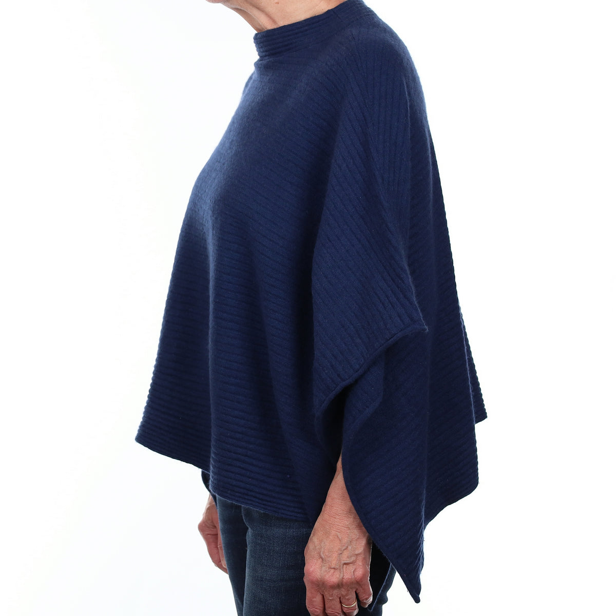 French Navy Rib Cashmere Funnel Neck Poncho One Size