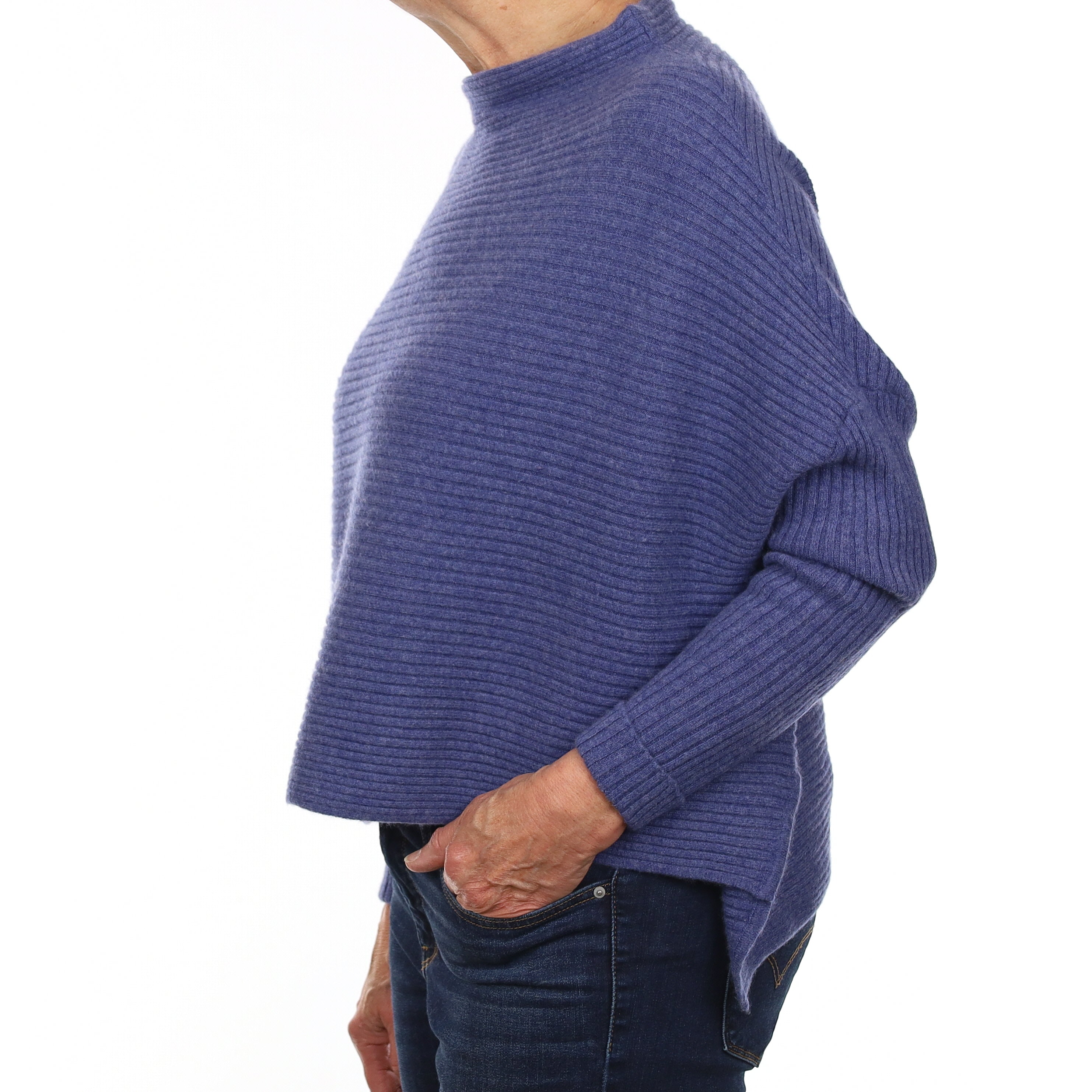 Denim Blue Rib Cashmere Slouchy Funnel Neck Jumper Medium