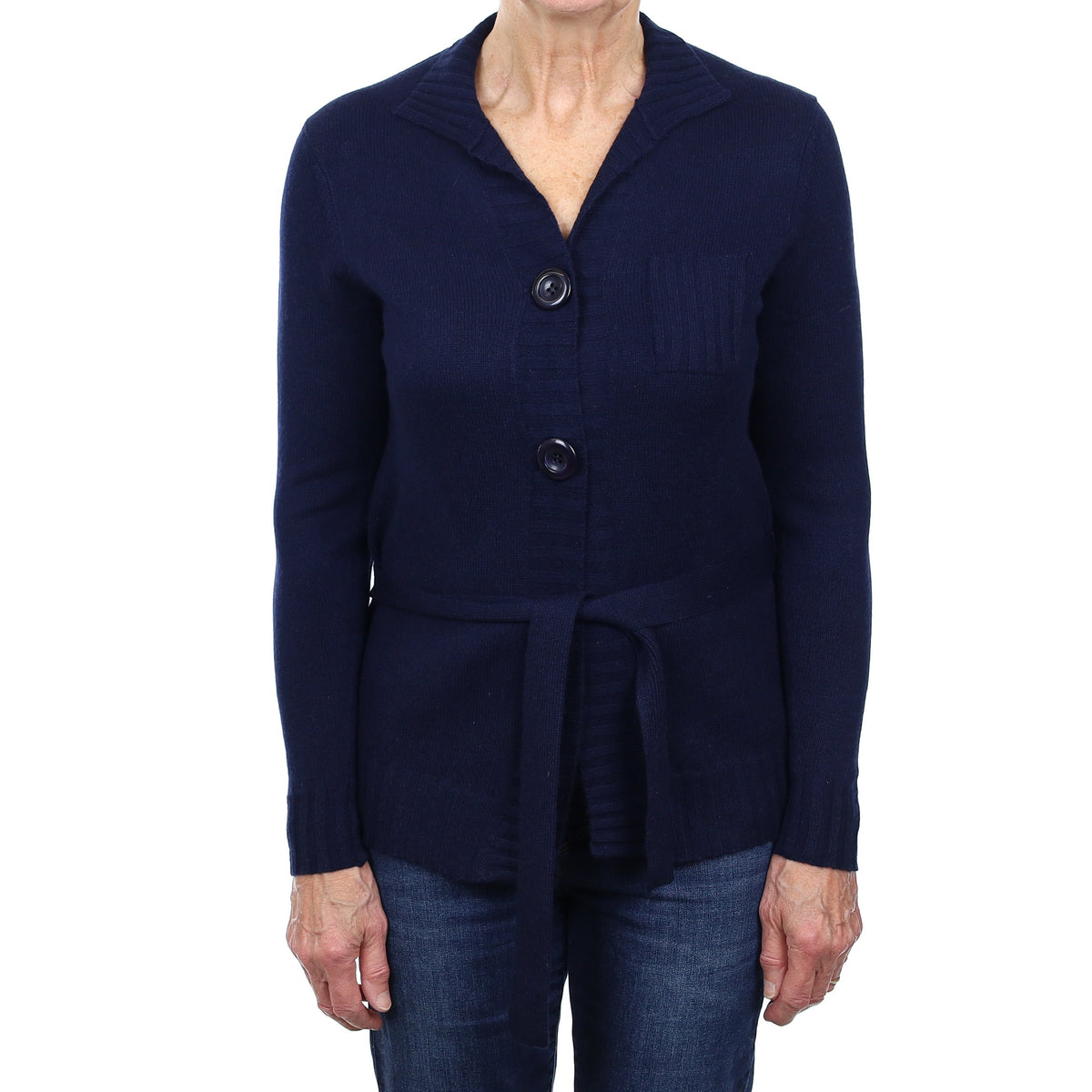 Navy Cashmere Longline Collared Cardigan with Belt Medium