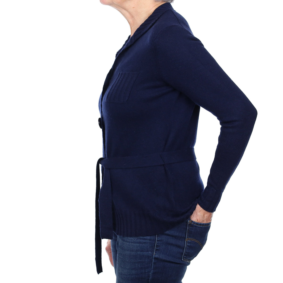 Navy Cashmere Longline Collared Cardigan with Belt Medium