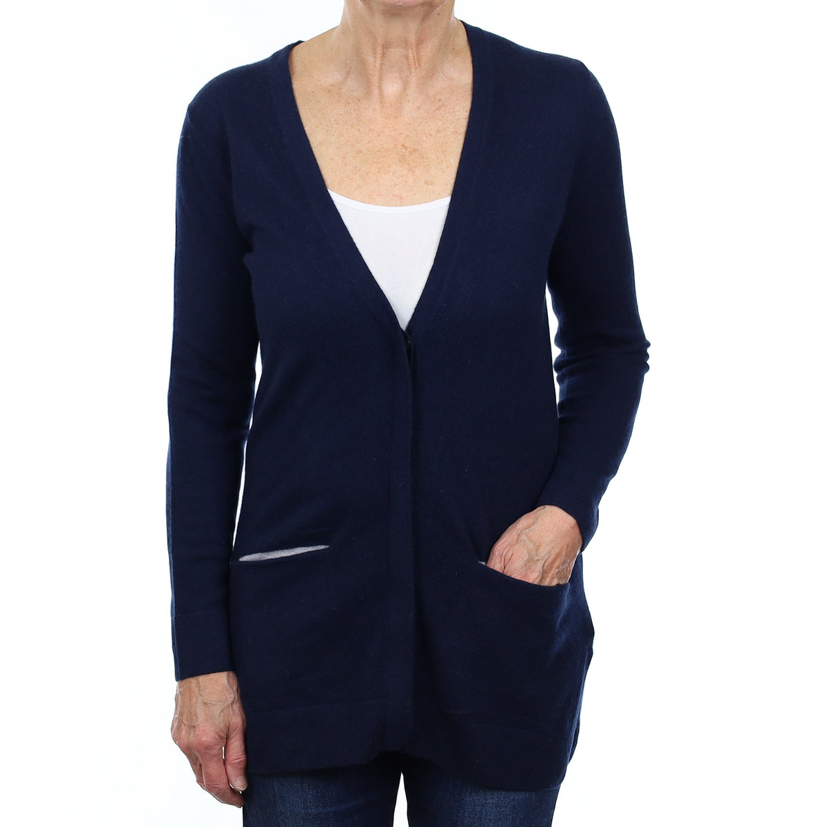 Navy Cashmere Longline V Neck Cardigan with Pockets Medium