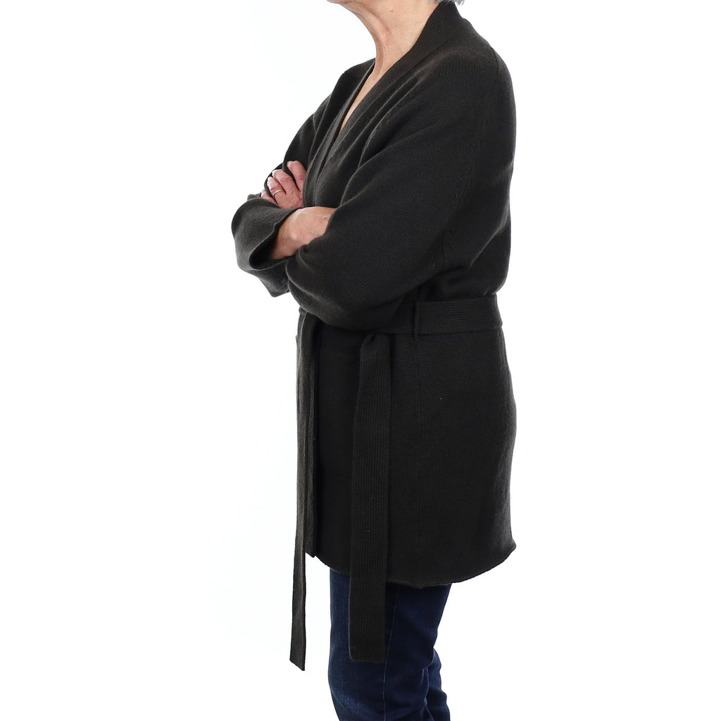 Brand New Scottish Deep Khaki Cashmere Cardigan with Belt and Pockets Medium