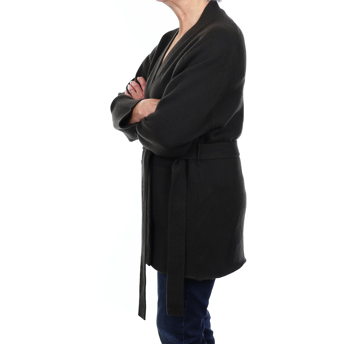 Brand New Scottish Deep Khaki Cashmere Cardigan with Belt and Pockets Medium