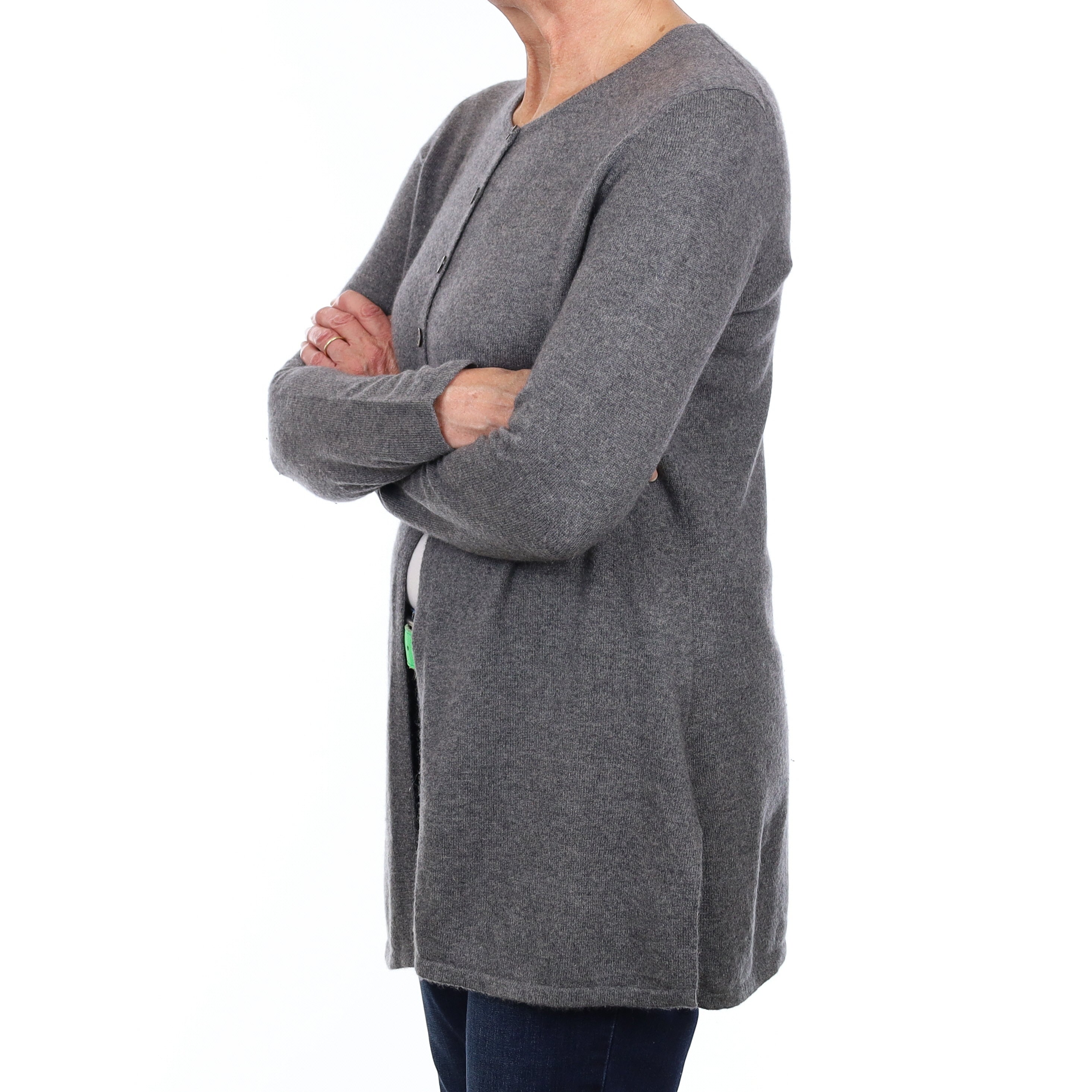 Ash Grey Cashmere Longline Crew Neck Cardigan Medium