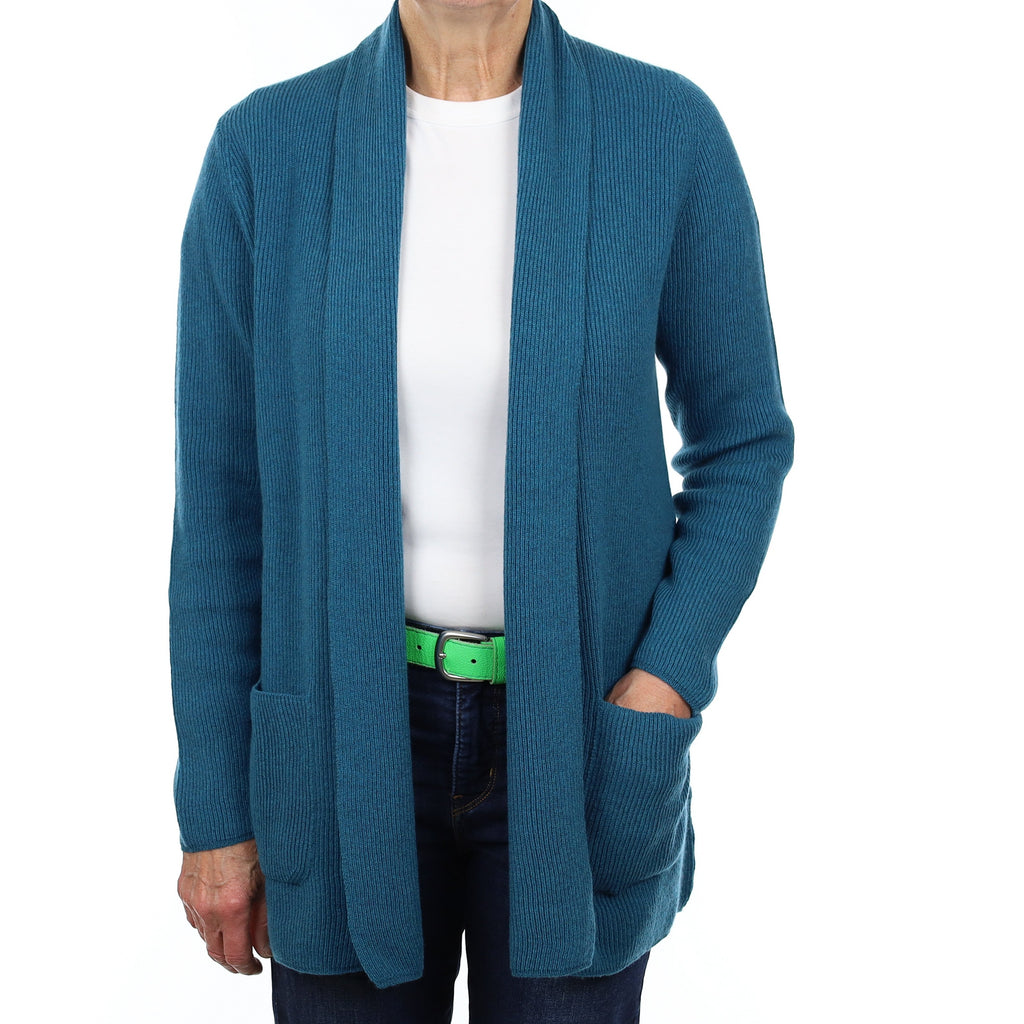 Brand New Scottish Teal Blue Rib Cashmere Edge to Edge Cardigan Medium