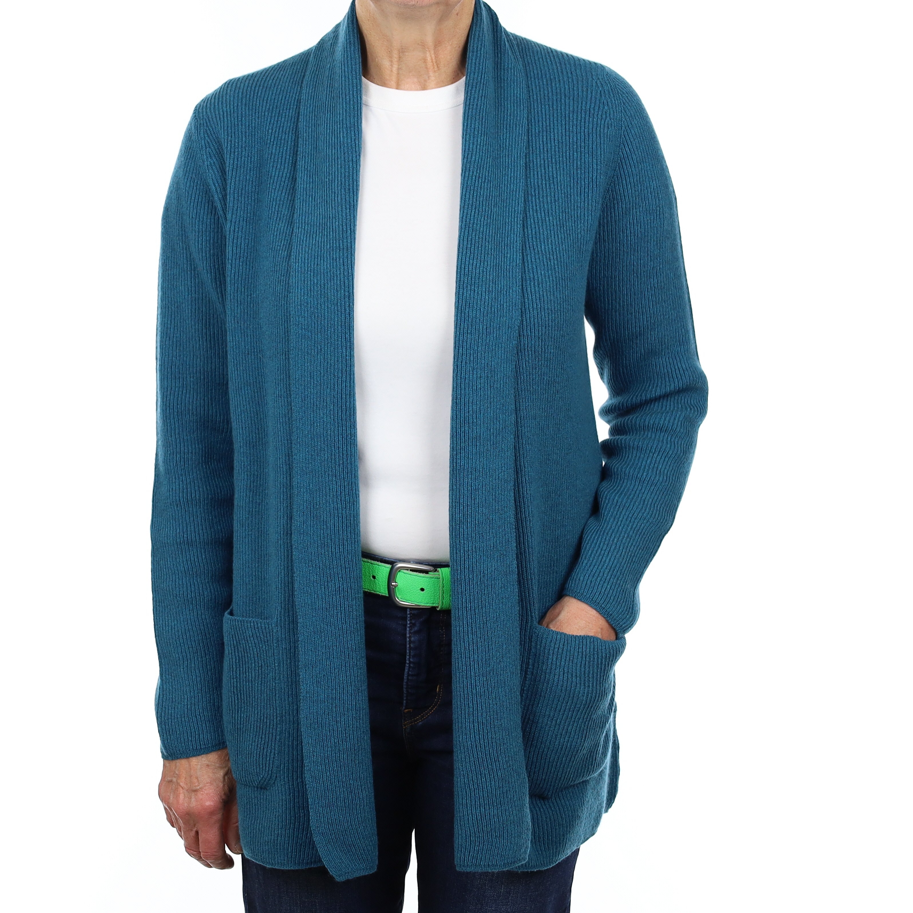 Brand New Scottish Teal Blue Rib Cashmere Edge to Edge Cardigan Medium