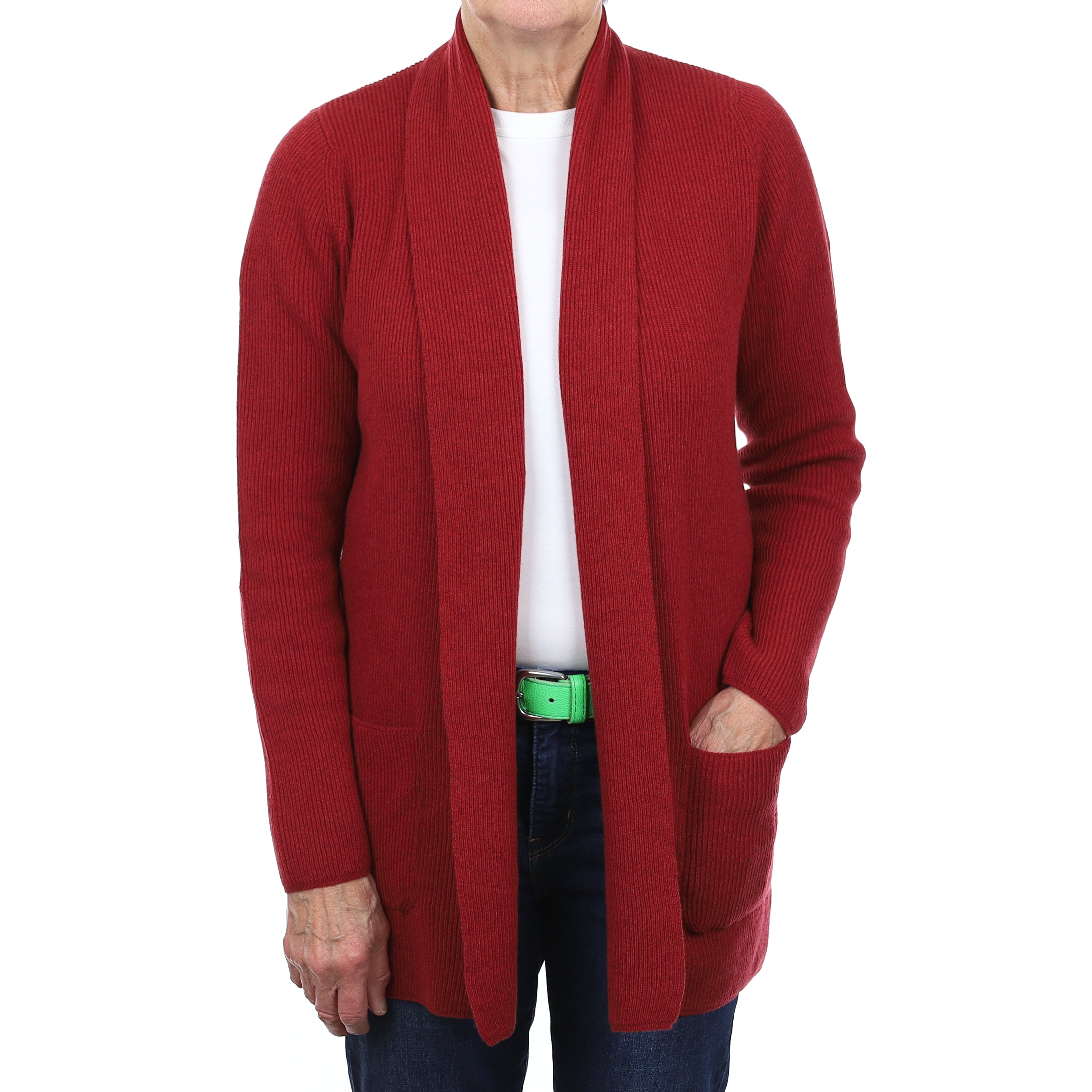 Brand New Scottish Brick Red Rib Cashmere Edge to Edge Cardigan Medium