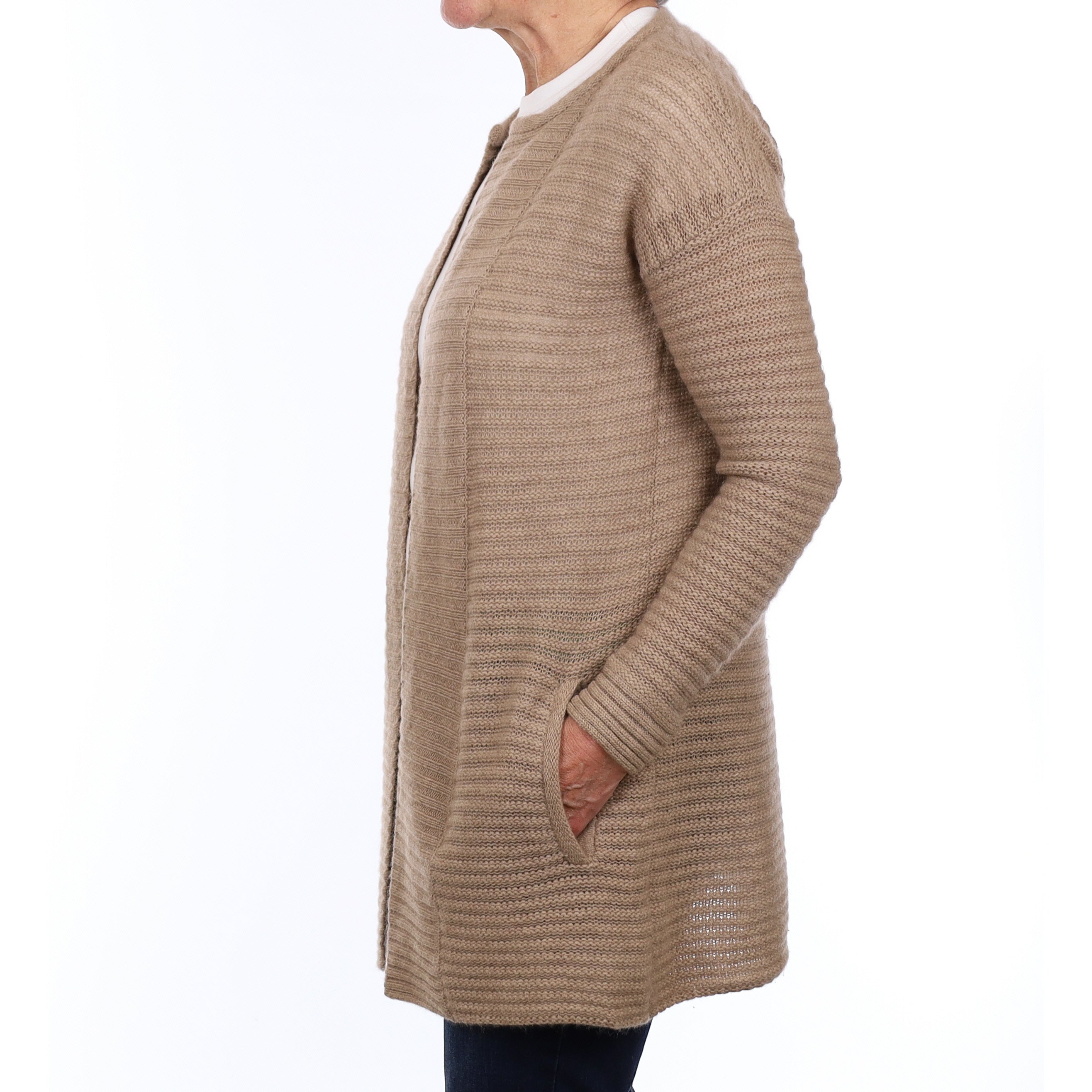 Biscuit Brown Cashmere Chunky Edge to Edge Cardigan with Pockets Medium