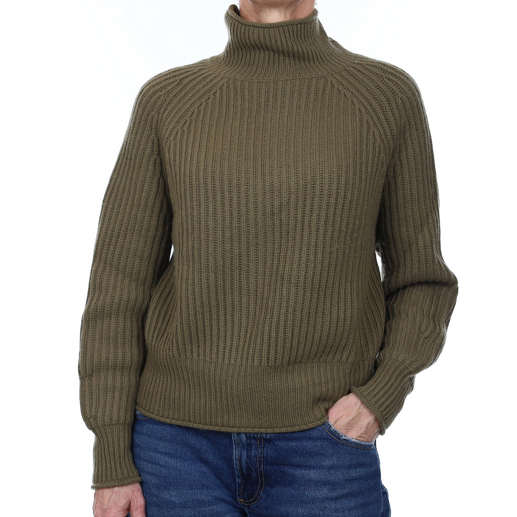Allude Khaki Green Chunky Rib Cashmere Turtleneck Jumper Small