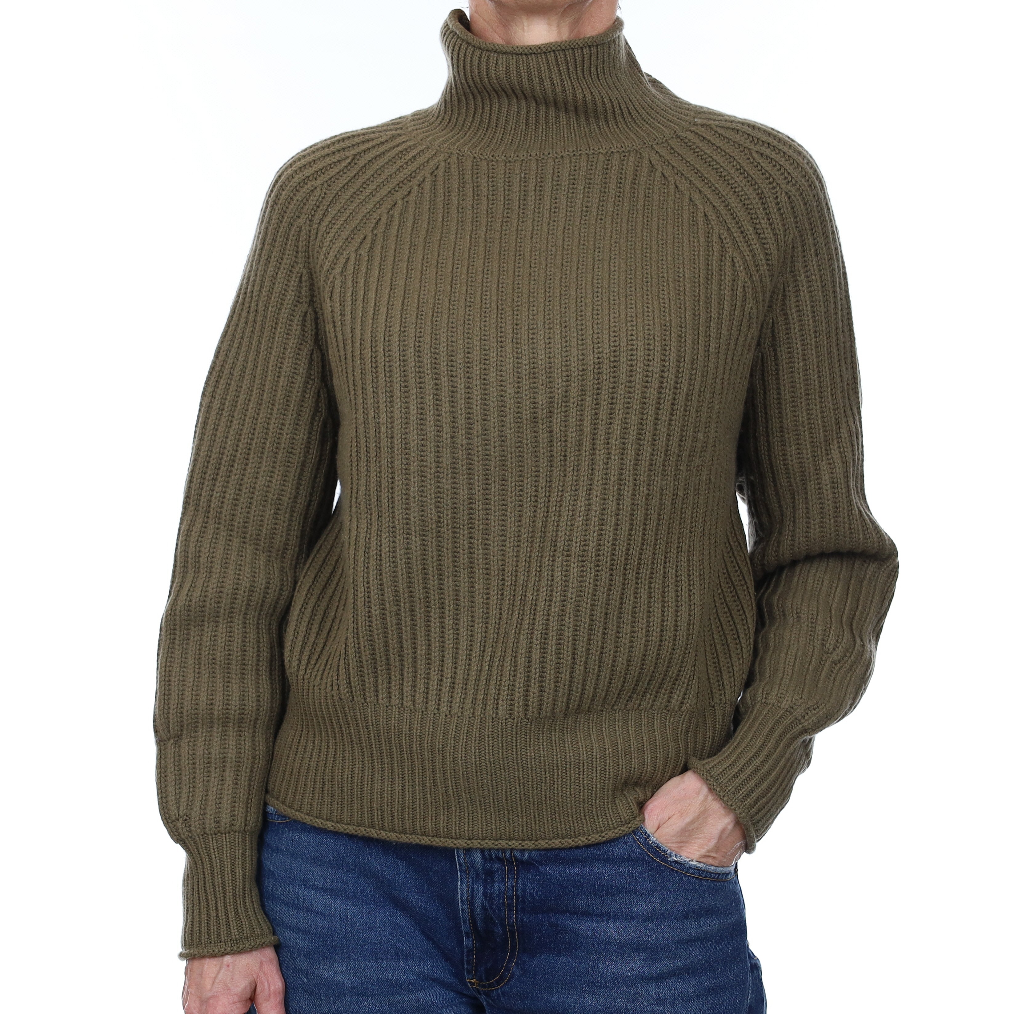 Allude Khaki Green Chunky Rib Cashmere Turtleneck Jumper Small