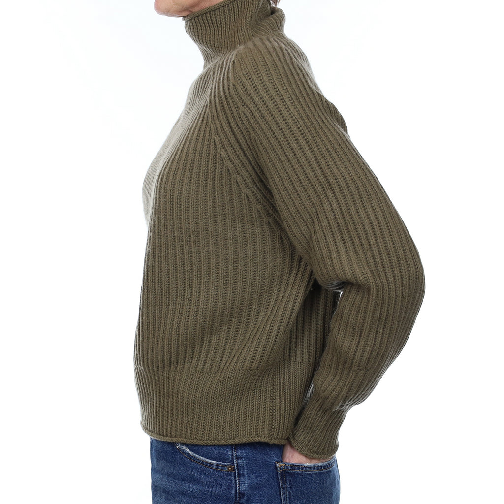 Allude Khaki Green Chunky Rib Cashmere Turtleneck Jumper Small